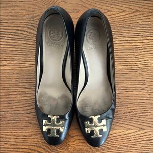 Tory Burch Black Wedges with Gold Emblem